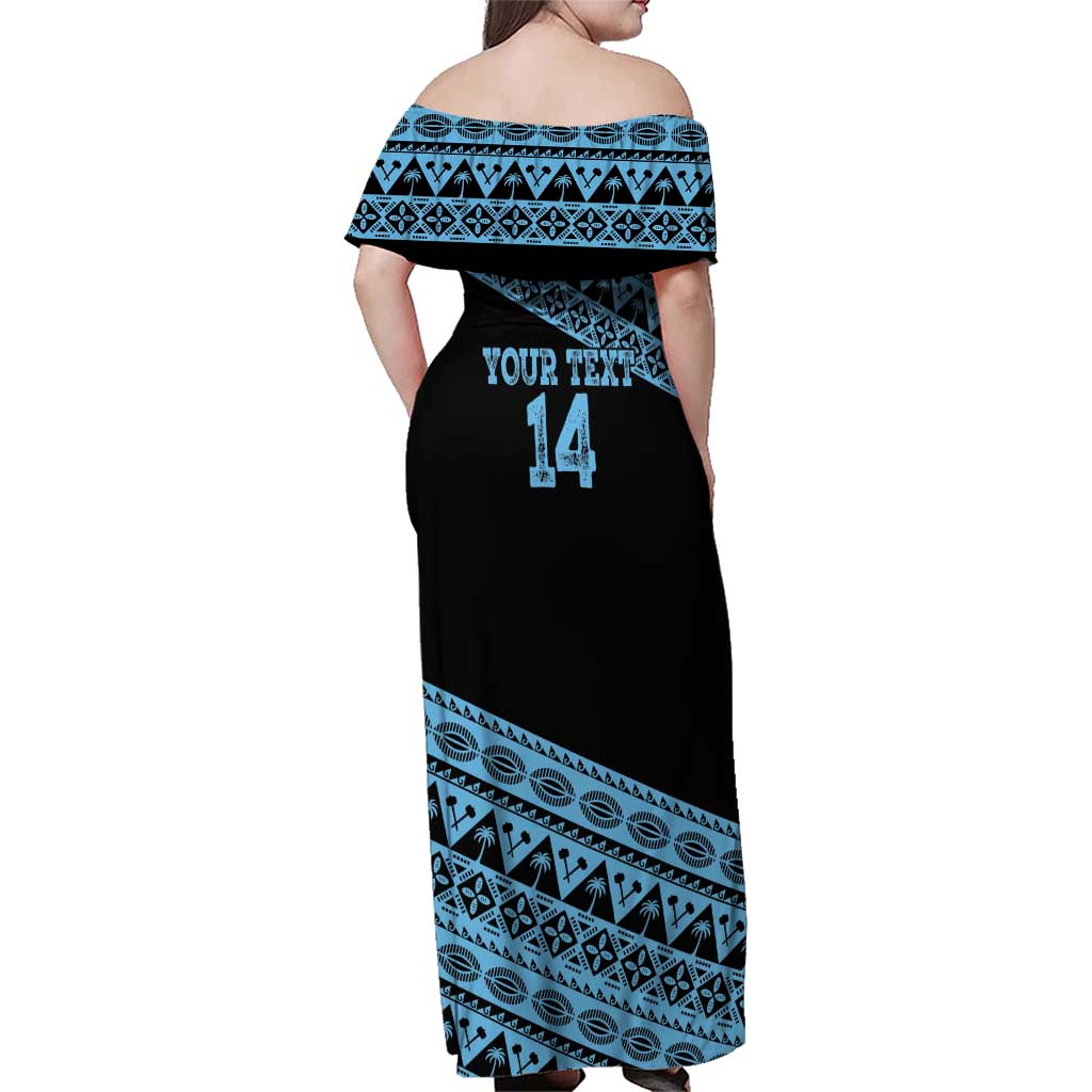 Fiji Rugby 2025 Custom Family Matching Off Shoulder Maxi Dress and Hawaiian Shirt Fijian Tapa Toso Viti Toso - Black
