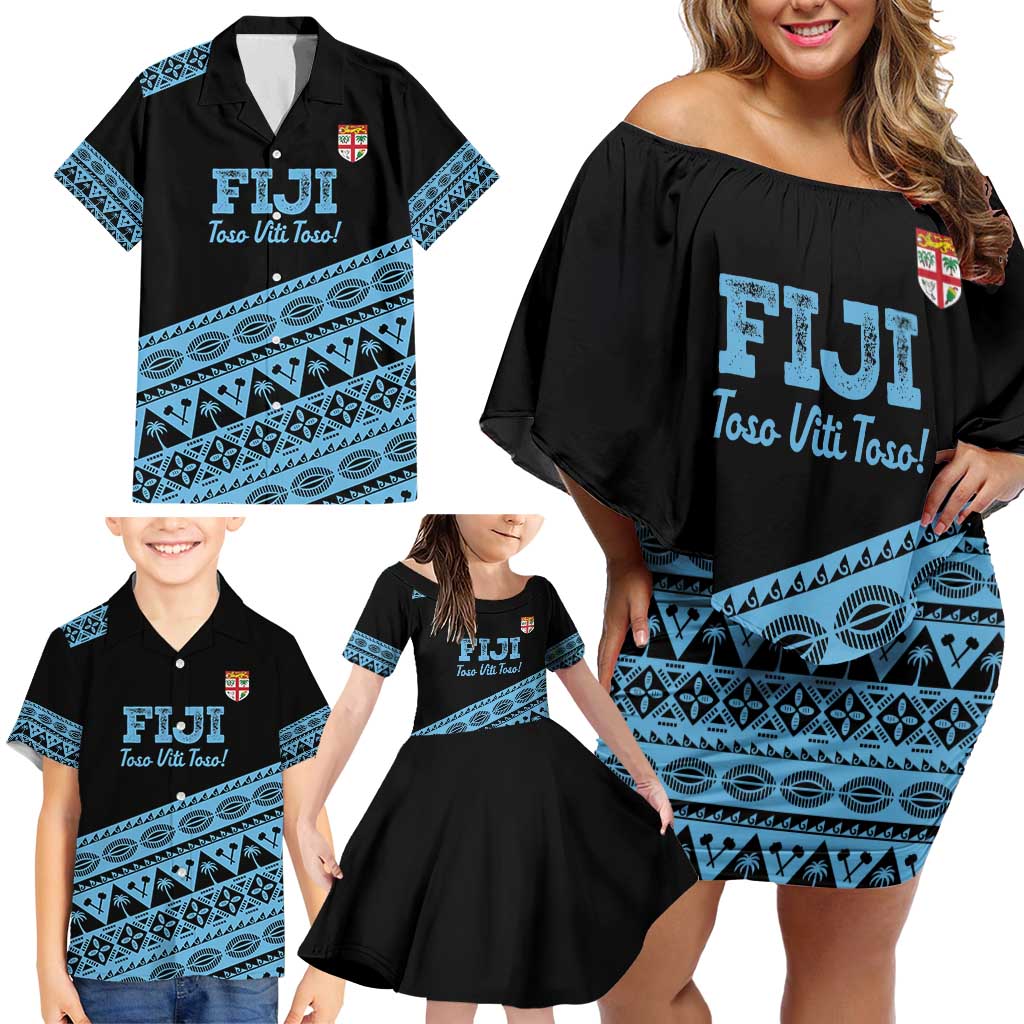 Fiji Rugby 2025 Custom Family Matching Off Shoulder Short Dress and Hawaiian Shirt Fijian Tapa Toso Viti Toso - Black
