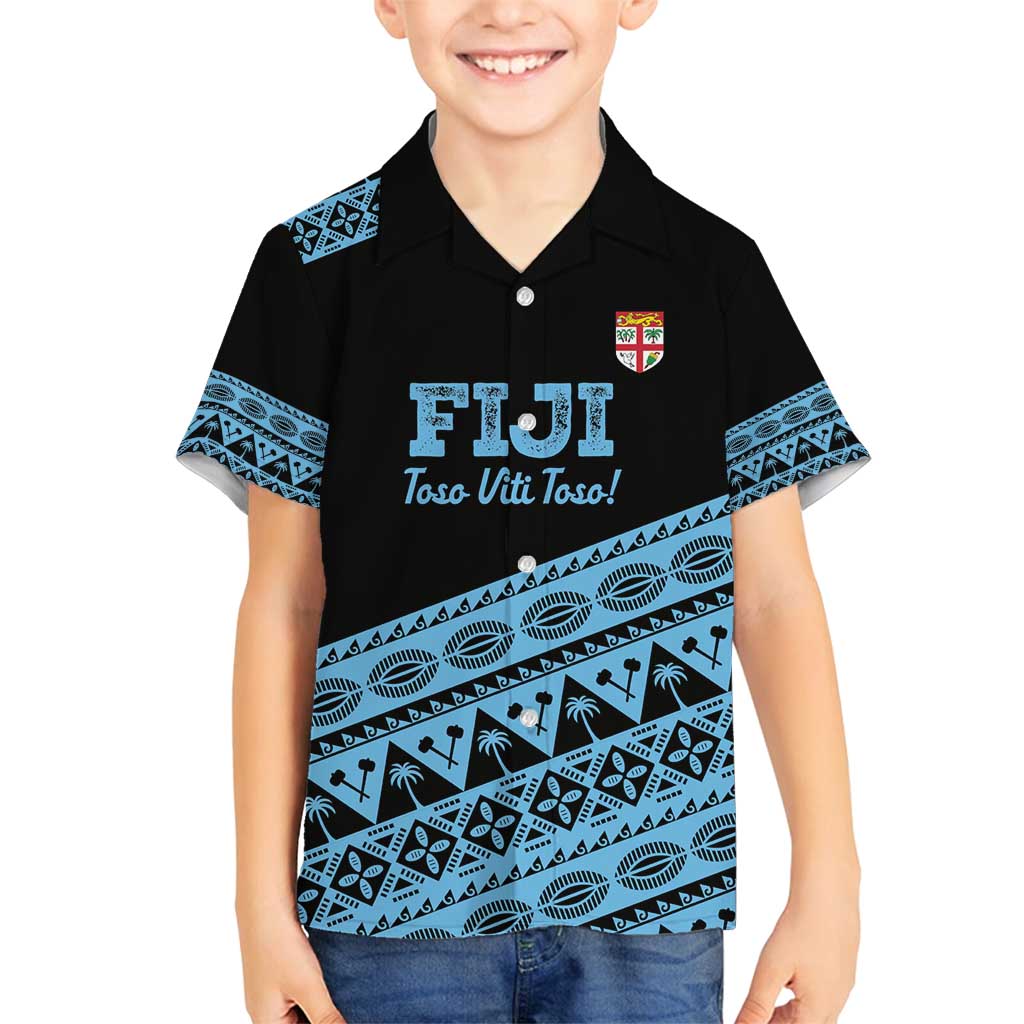 Fiji Rugby 2025 Custom Family Matching Off Shoulder Short Dress and Hawaiian Shirt Fijian Tapa Toso Viti Toso - Black