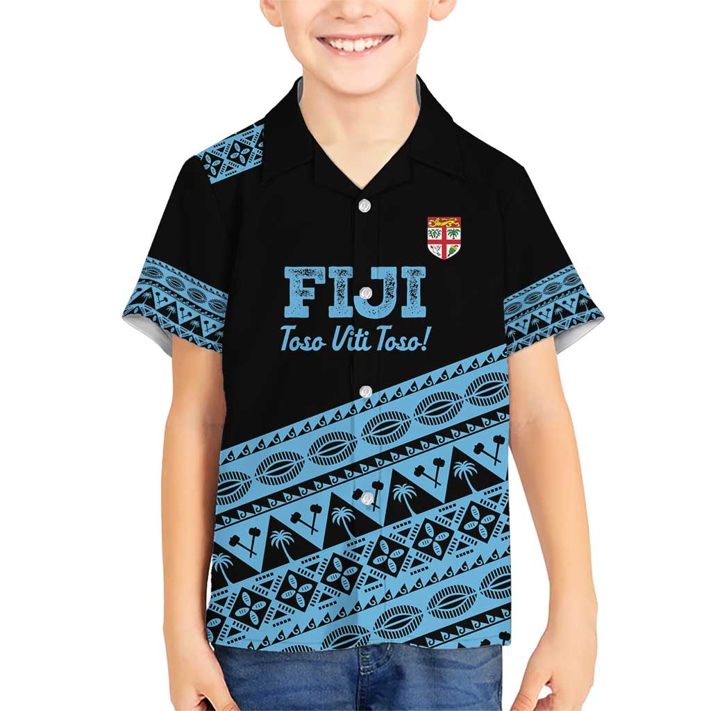 Fiji Rugby 2025 Custom Family Matching Short Sleeve Bodycon Dress and Hawaiian Shirt Fijian Tapa Toso Viti Toso - Black