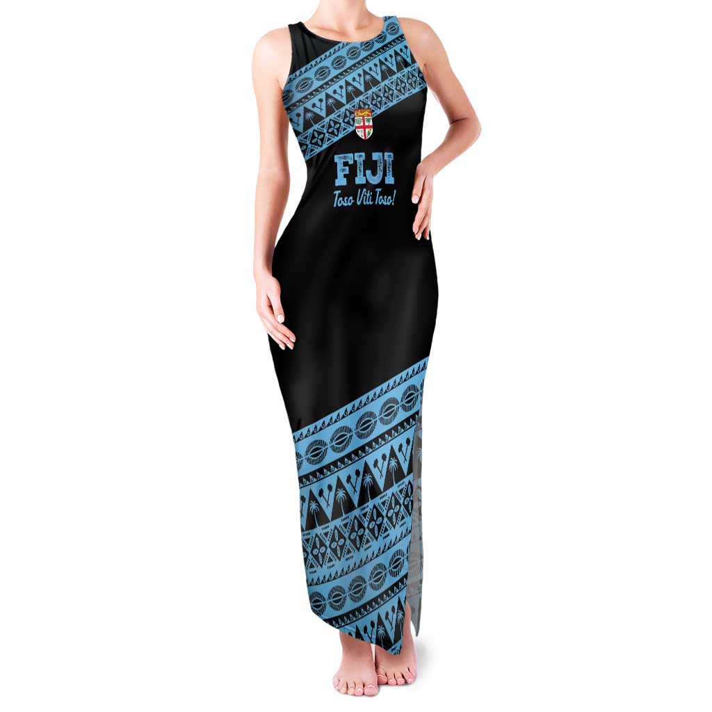 Fiji Rugby 2025 Custom Family Matching Tank Maxi Dress and Hawaiian Shirt Fijian Tapa Toso Viti Toso - Black