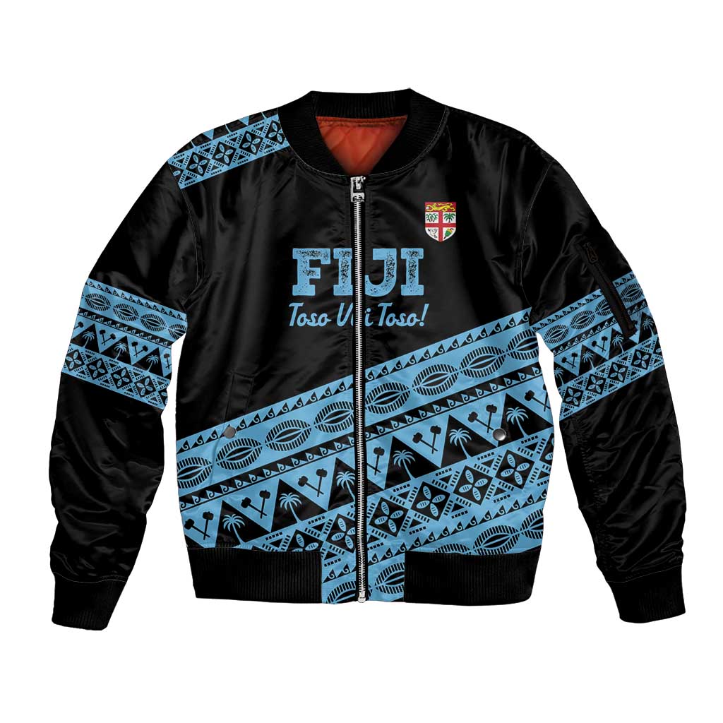 Fiji Rugby 2025 Custom Sleeve Zip Bomber Jacket Fijian Tapa Toso Viti Toso - Black