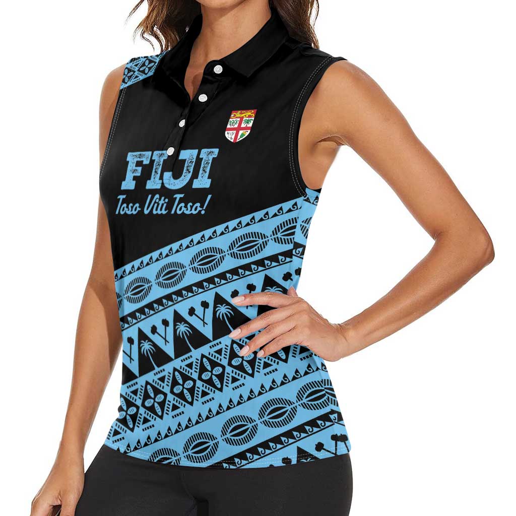 Fiji Rugby 2025 Custom Women Sleeveless Polo Shirt Fijian Tapa Toso Viti Toso - Black