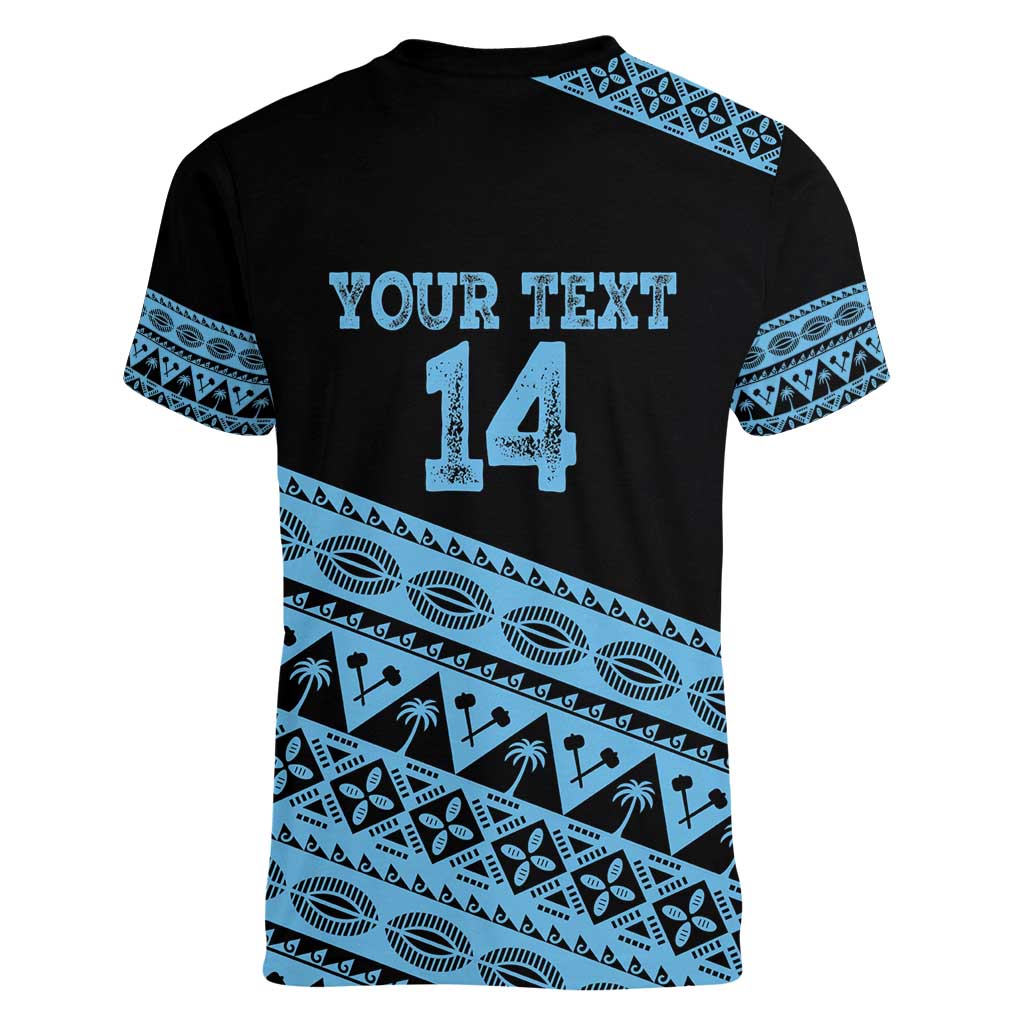 Fiji Rugby 2025 Custom Women V-Neck T-Shirt Fijian Tapa Toso Viti Toso - Black