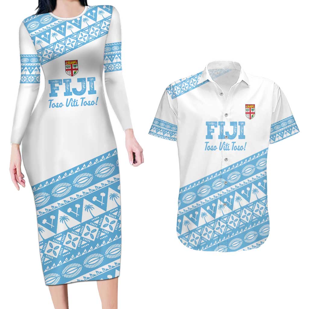 Fiji Rugby 2025 Custom Couples Matching Long Sleeve Bodycon Dress and Hawaiian Shirt Fijian Tapa Toso Viti Toso - White