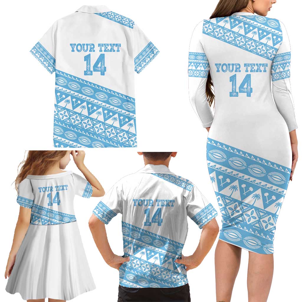 Fiji Rugby 2025 Custom Family Matching Long Sleeve Bodycon Dress and Hawaiian Shirt Fijian Tapa Toso Viti Toso - White