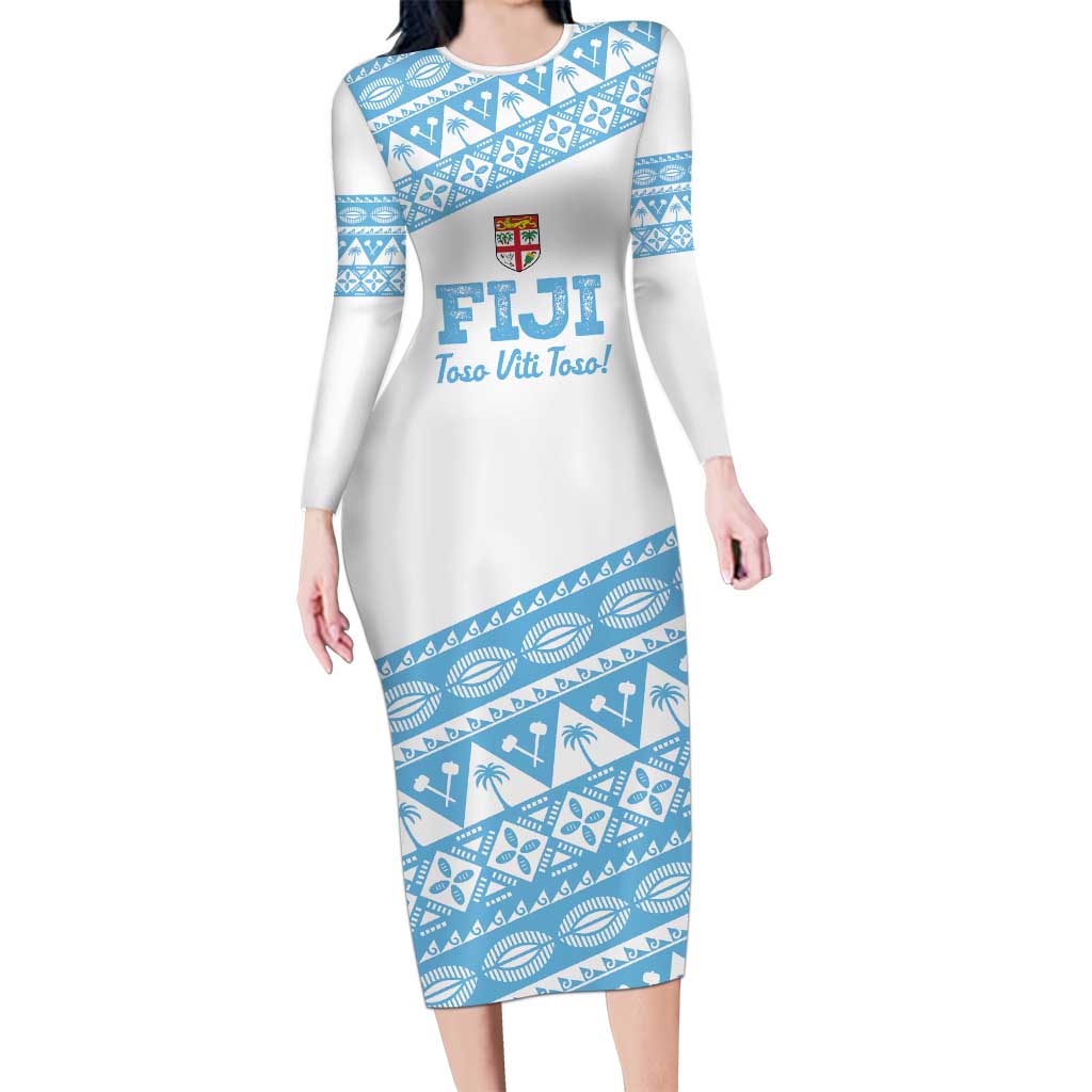 Fiji Rugby 2025 Custom Family Matching Long Sleeve Bodycon Dress and Hawaiian Shirt Fijian Tapa Toso Viti Toso - White