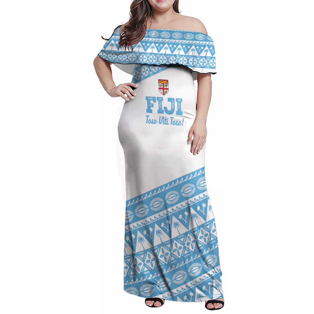 Fiji Rugby 2025 Custom Family Matching Off Shoulder Maxi Dress and Hawaiian Shirt Fijian Tapa Toso Viti Toso - White
