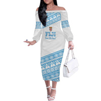 Fiji Rugby 2025 Custom Off The Shoulder Long Sleeve Dress Fijian Tapa Toso Viti Toso - White
