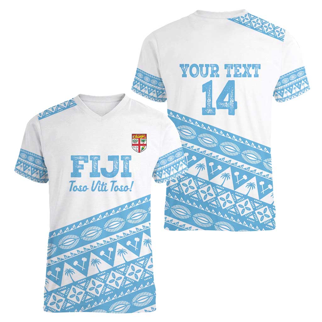 Fiji Rugby 2025 Custom Women V-Neck T-Shirt Fijian Tapa Toso Viti Toso - White