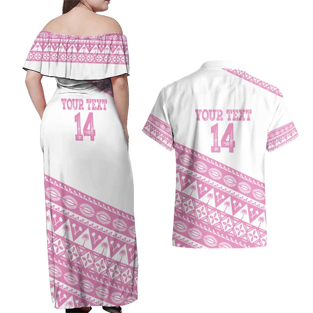 Fiji Rugby 2025 Custom Couples Matching Off Shoulder Maxi Dress and Hawaiian Shirt Fijian Tapa Toso Viti Toso - Pink