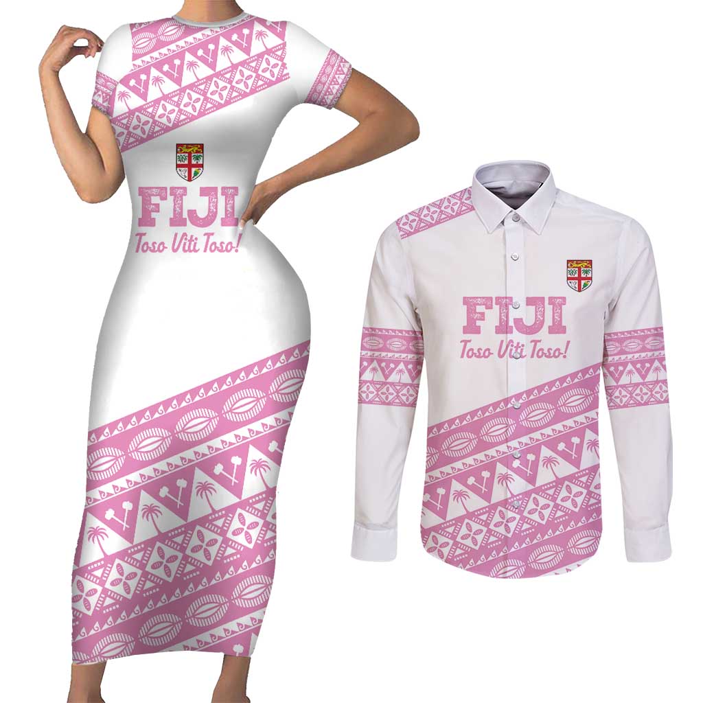 Fiji Rugby 2025 Custom Couples Matching Short Sleeve Bodycon Dress and Long Sleeve Button Shirt Fijian Tapa Toso Viti Toso - Pink