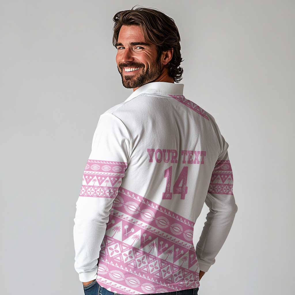 Fiji Rugby 2025 Custom Long Sleeve Polo Shirt Fijian Tapa Toso Viti Toso - Pink