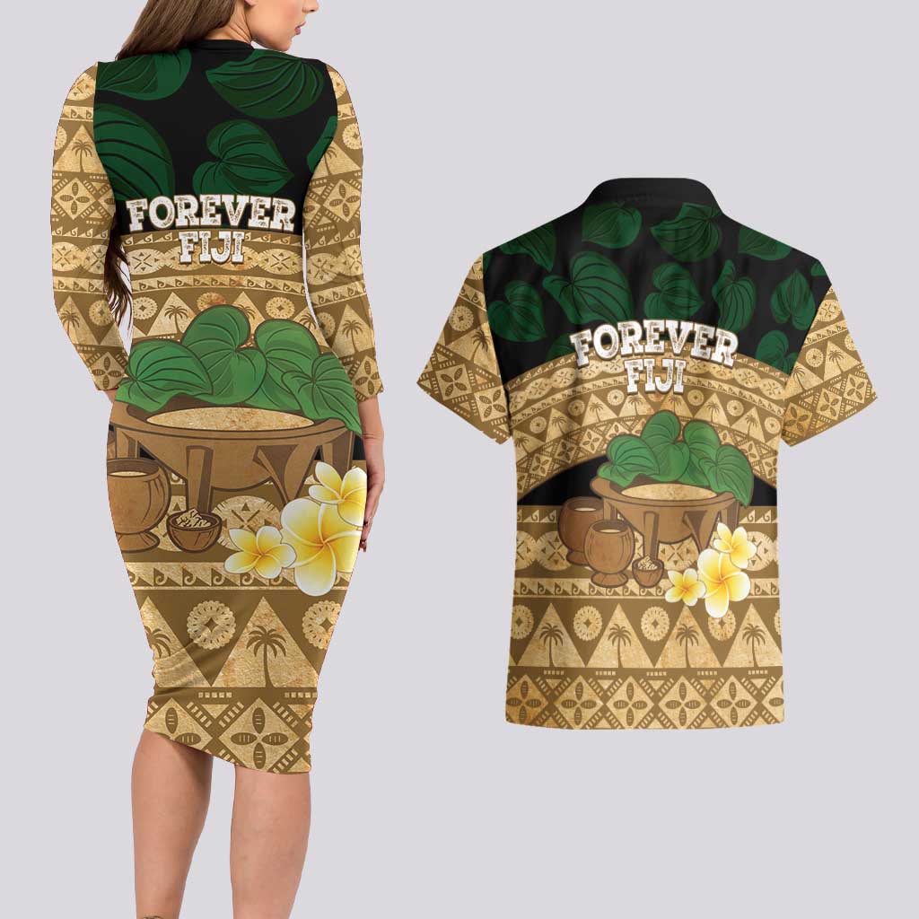 Bula Fiji Kava Bowl Couples Matching Long Sleeve Bodycon Dress and Hawaiian Shirt Fijian Tapa Cloth Vintage Vibe