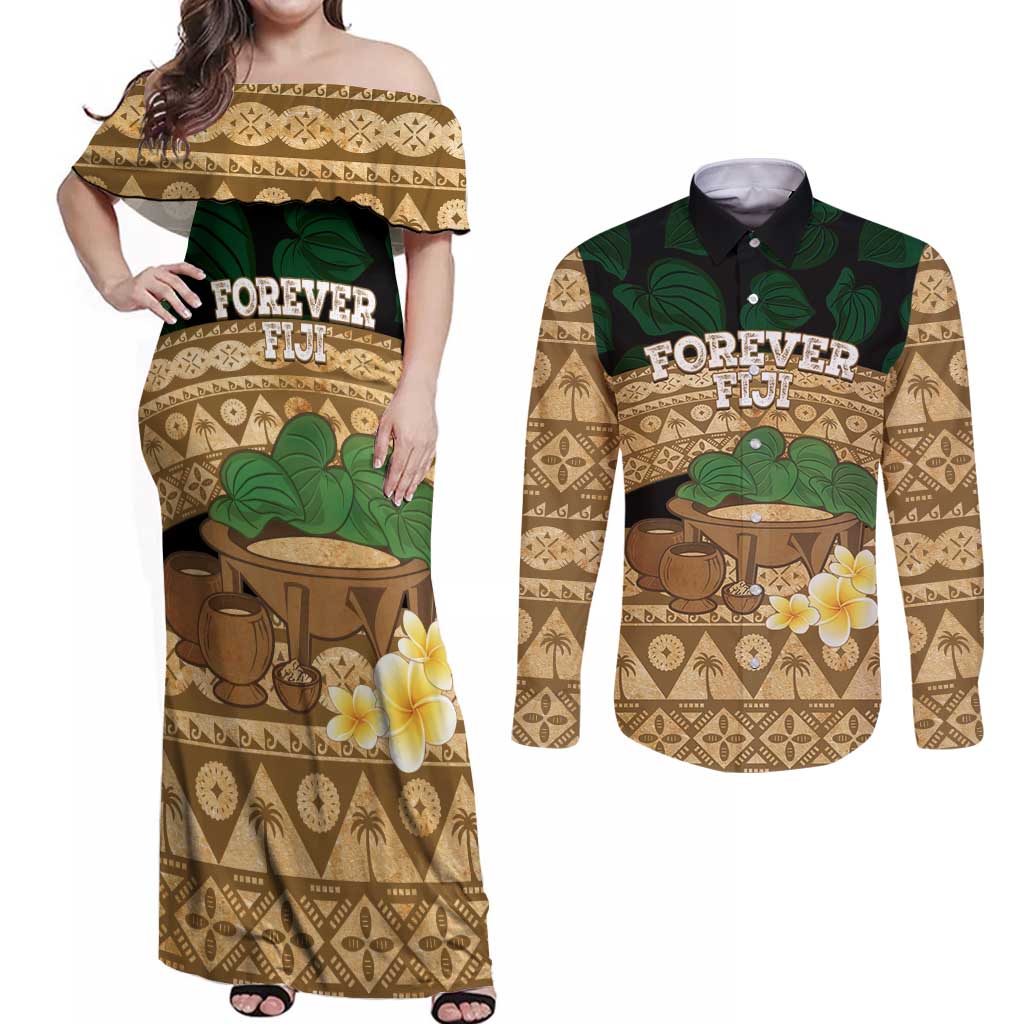 Bula Fiji Kava Bowl Couples Matching Off Shoulder Maxi Dress and Long Sleeve Button Shirt Fijian Tapa Cloth Vintage Vibe