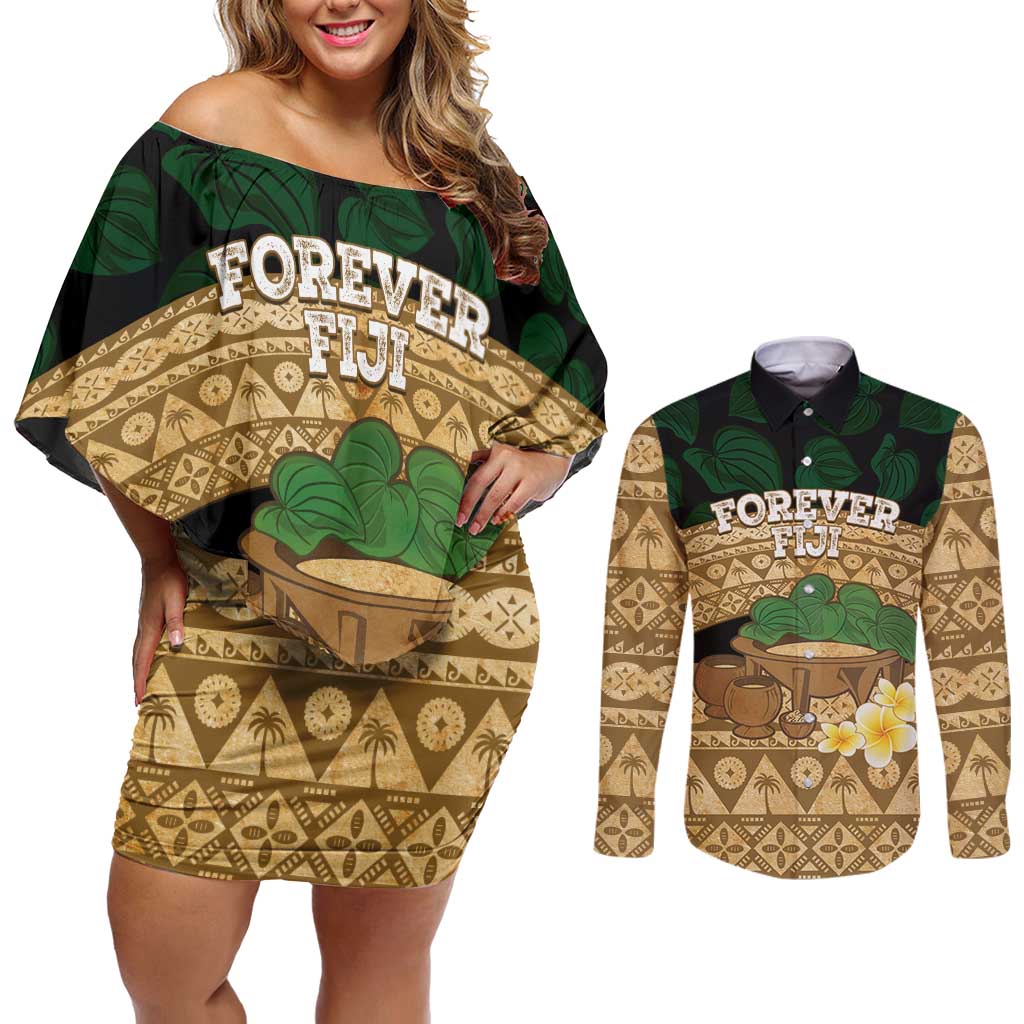 Bula Fiji Kava Bowl Couples Matching Off Shoulder Short Dress and Long Sleeve Button Shirt Fijian Tapa Cloth Vintage Vibe