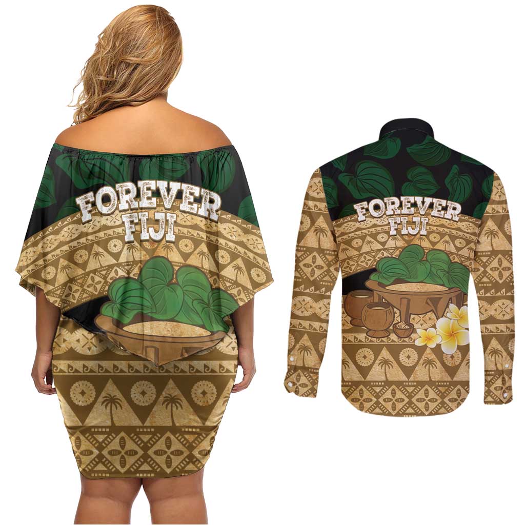 Bula Fiji Kava Bowl Couples Matching Off Shoulder Short Dress and Long Sleeve Button Shirt Fijian Tapa Cloth Vintage Vibe