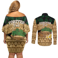 Bula Fiji Kava Bowl Couples Matching Off Shoulder Short Dress and Long Sleeve Button Shirt Fijian Tapa Cloth Vintage Vibe