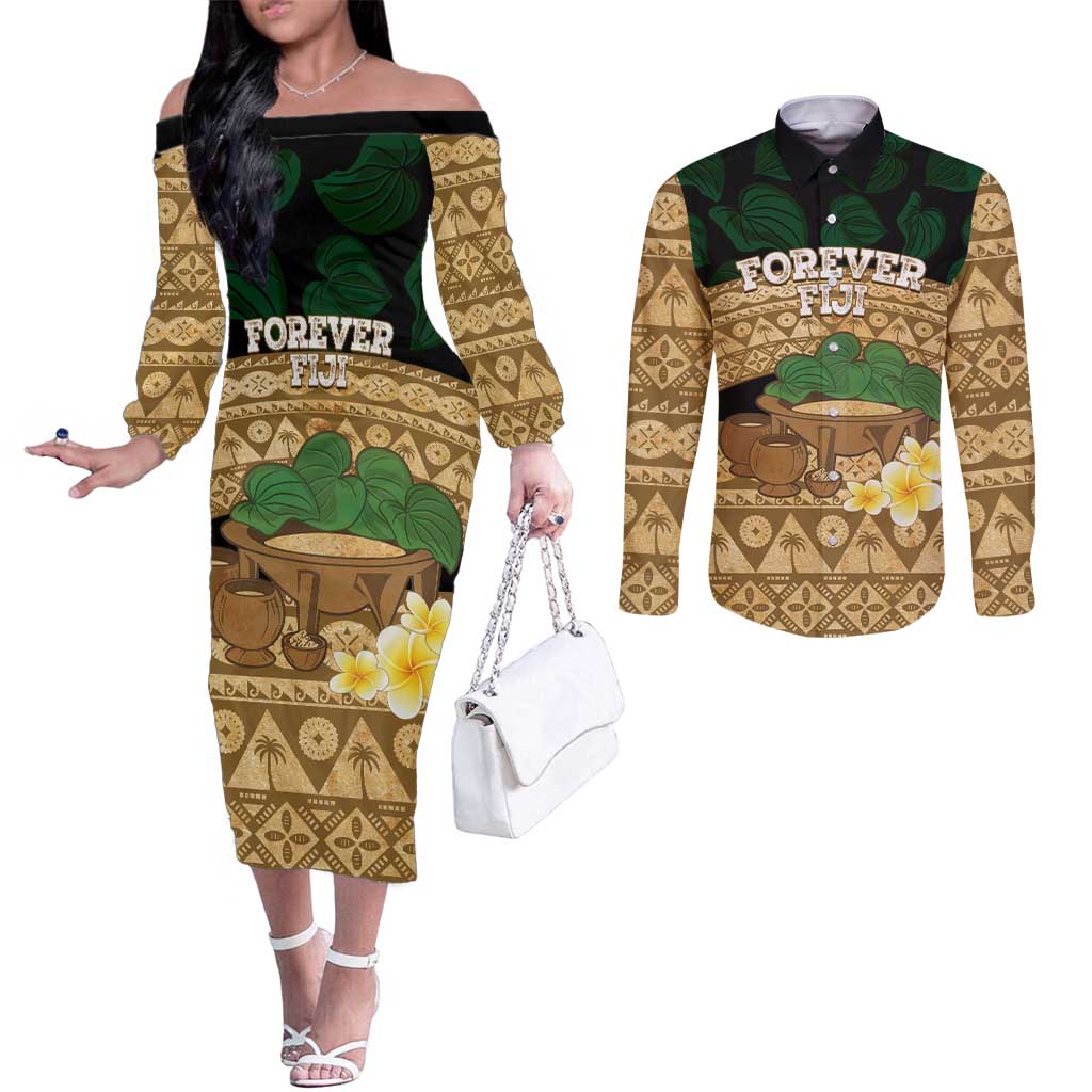 Bula Fiji Kava Bowl Couples Matching Off The Shoulder Long Sleeve Dress and Long Sleeve Button Shirt Fijian Tapa Cloth Vintage Vibe