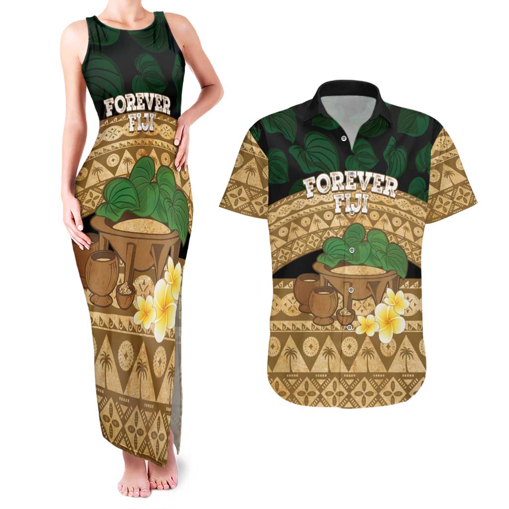 Bula Fiji Kava Bowl Couples Matching Tank Maxi Dress and Hawaiian Shirt Fijian Tapa Cloth Vintage Vibe