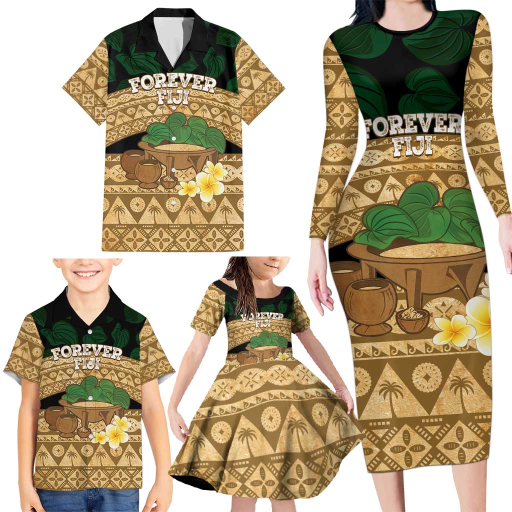 Bula Fiji Kava Bowl Family Matching Long Sleeve Bodycon Dress and Hawaiian Shirt Fijian Tapa Cloth Vintage Vibe
