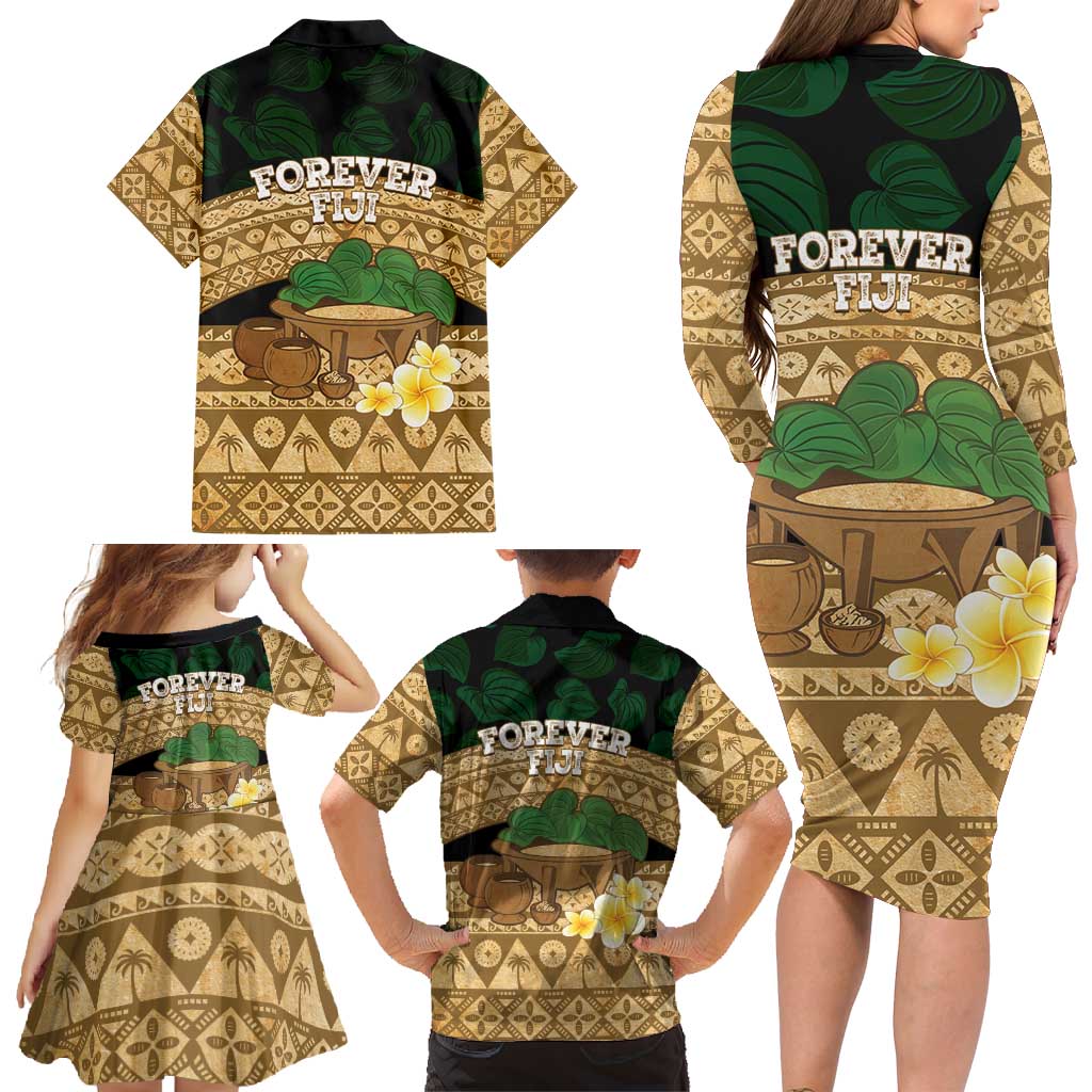 Bula Fiji Kava Bowl Family Matching Long Sleeve Bodycon Dress and Hawaiian Shirt Fijian Tapa Cloth Vintage Vibe