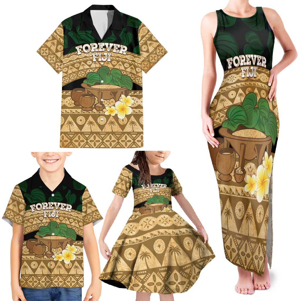 Bula Fiji Kava Bowl Family Matching Tank Maxi Dress and Hawaiian Shirt Fijian Tapa Cloth Vintage Vibe