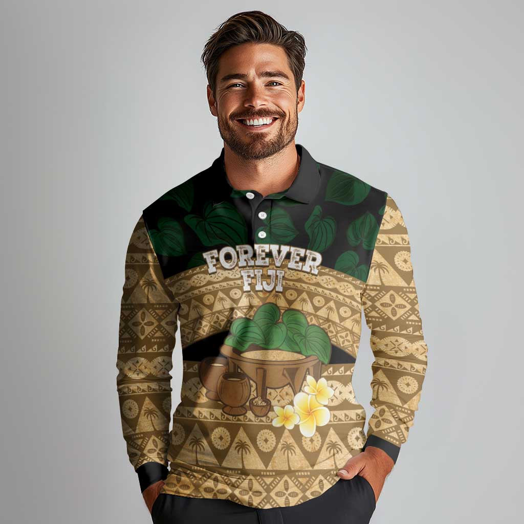 Bula Fiji Kava Bowl Long Sleeve Polo Shirt Fijian Tapa Cloth Vintage Vibe