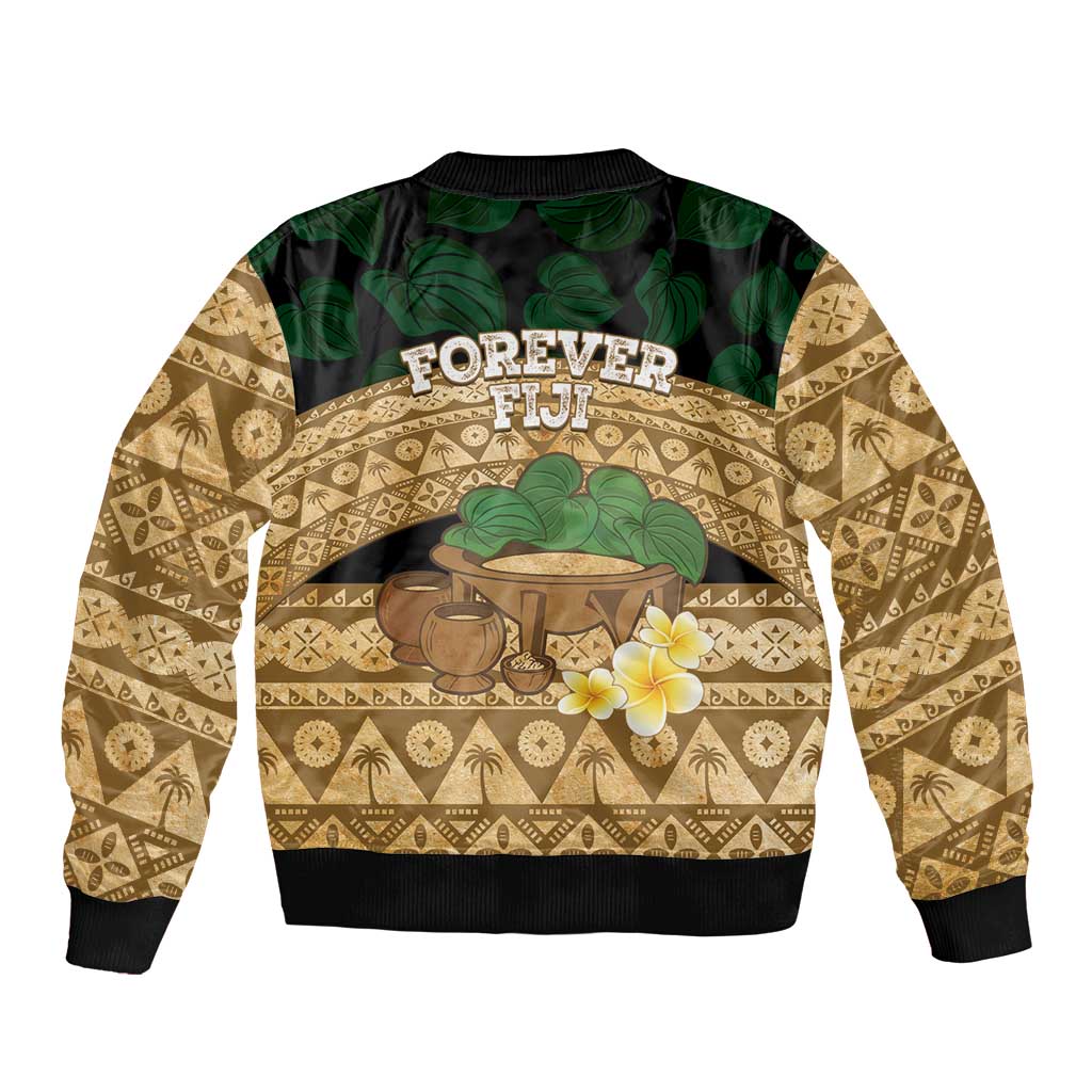 Bula Fiji Kava Bowl Sleeve Zip Bomber Jacket Fijian Tapa Cloth Vintage Vibe