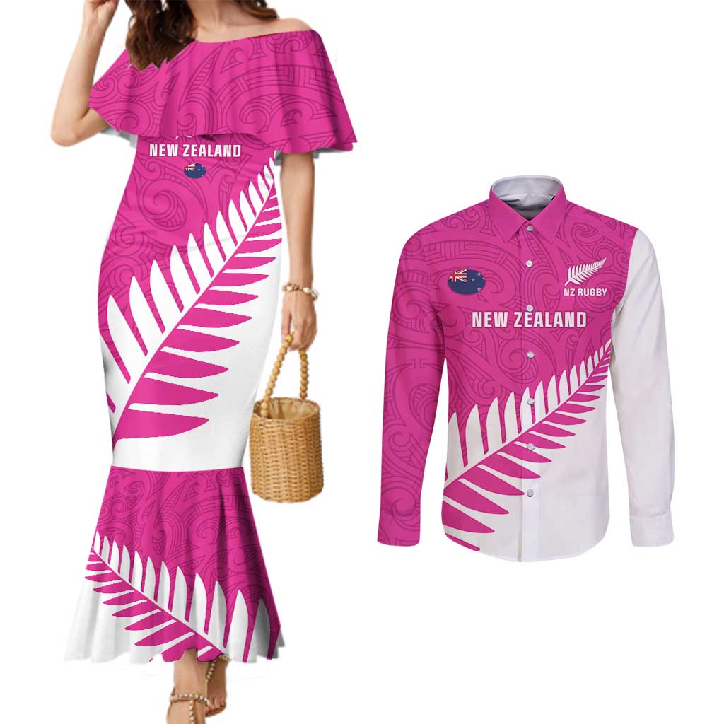 New Zealand Silver Fern Rugby Custom Couples Matching Mermaid Dress and Long Sleeve Button Shirt Go All Black Maori Pink Version