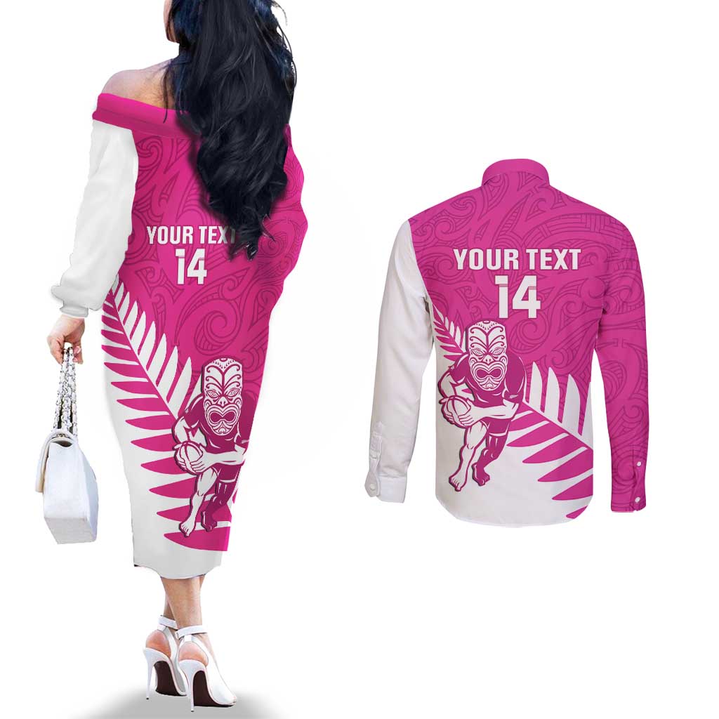 New Zealand Silver Fern Rugby Custom Couples Matching Off The Shoulder Long Sleeve Dress and Long Sleeve Button Shirt Go All Black Maori Pink Version