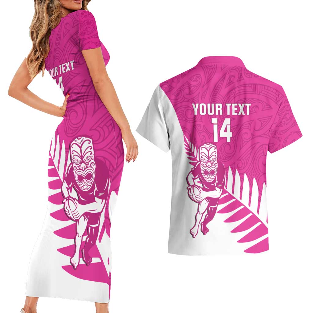 New Zealand Silver Fern Rugby Custom Couples Matching Short Sleeve Bodycon Dress and Hawaiian Shirt Go All Black Maori Pink Version