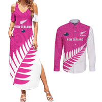 New Zealand Silver Fern Rugby Custom Couples Matching Summer Maxi Dress and Long Sleeve Button Shirt Go All Black Maori Pink Version