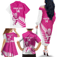 New Zealand Silver Fern Rugby Custom Family Matching Off The Shoulder Long Sleeve Dress and Hawaiian Shirt Go All Black Maori Pink Version