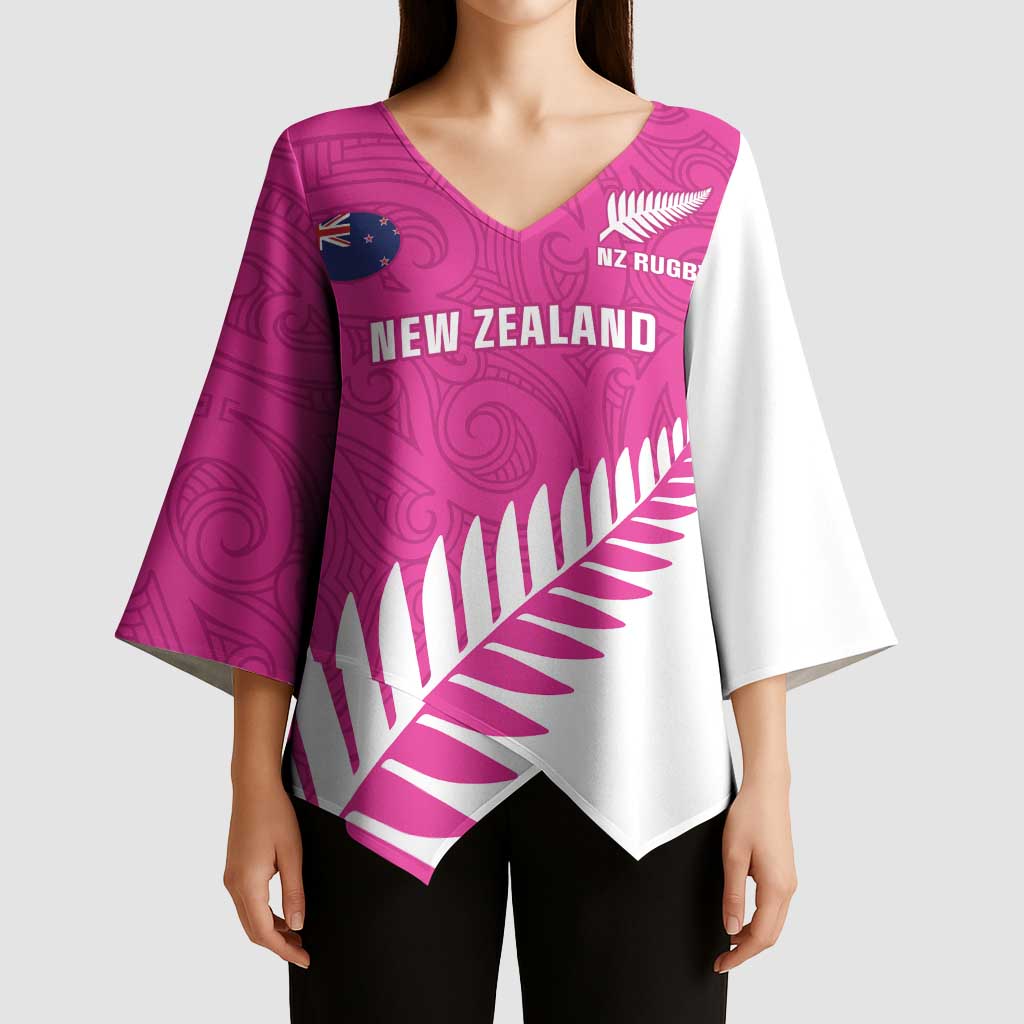 New Zealand Silver Fern Rugby Custom Kimono Sleeve Blouse Go All Black Maori Pink Version - Polynesian Pride