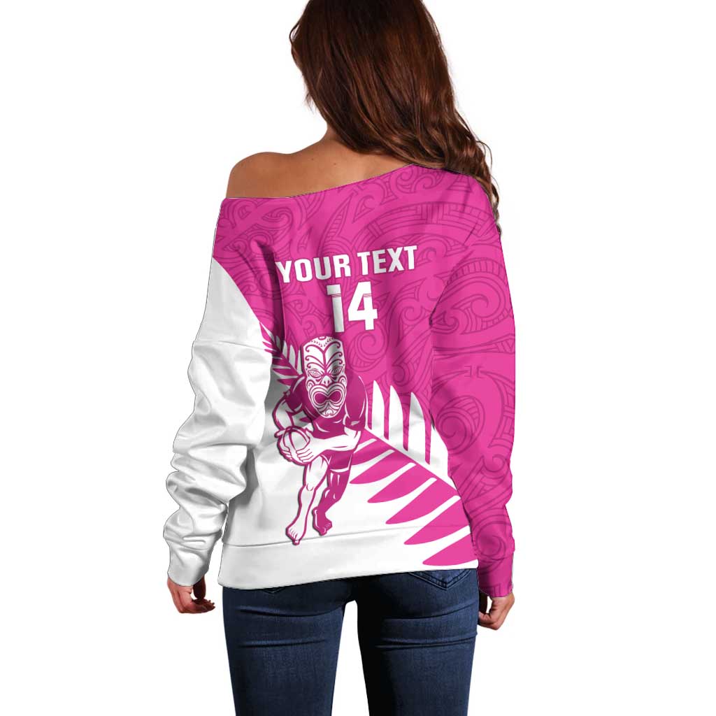 New Zealand Silver Fern Rugby Custom Off Shoulder Sweater Go All Black Maori Pink Version
