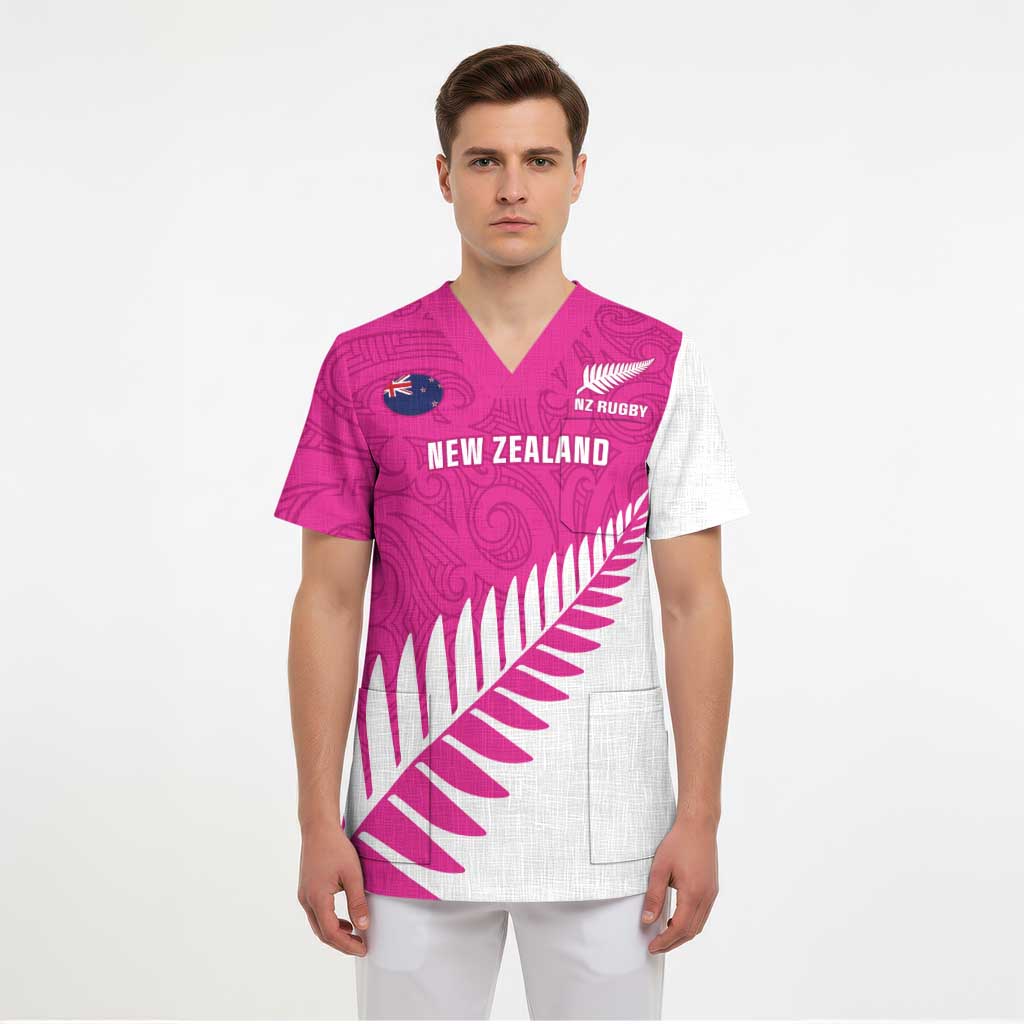 New Zealand Silver Fern Rugby Custom Scrub Top Go All Black Maori Pink Version - Polynesian Pride