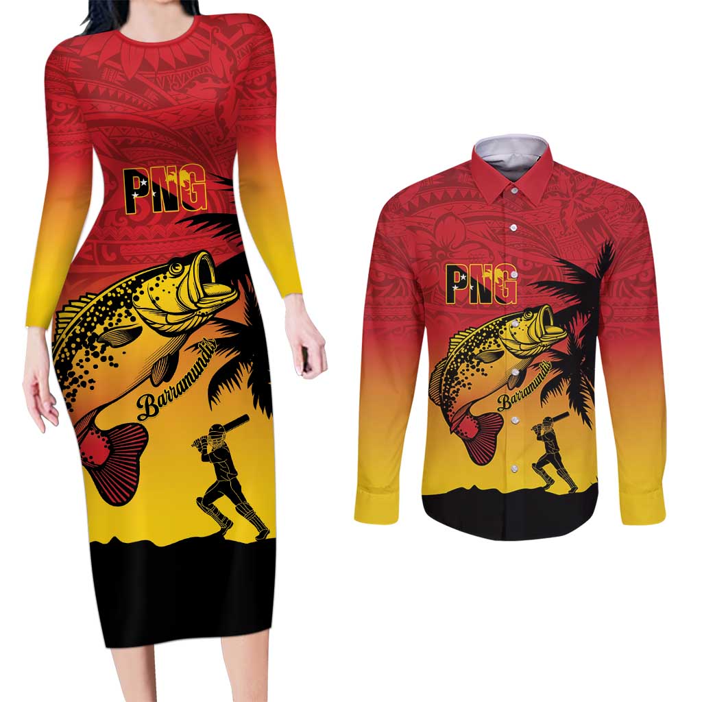 Custom Papua New Guinea Cricket Couples Matching Long Sleeve Bodycon Dress and Long Sleeve Button Shirt PNG Barramundis LT14 Red - Polynesian Pride