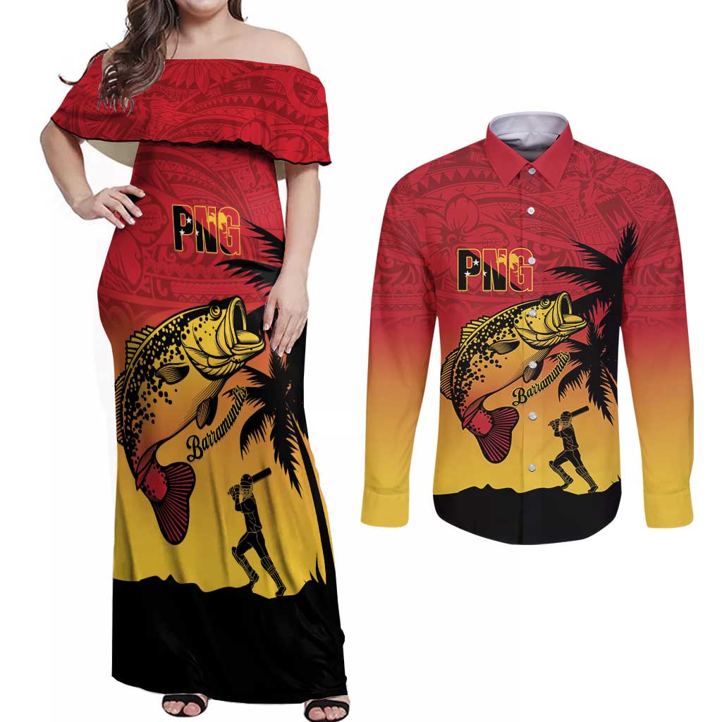 Custom Papua New Guinea Cricket Couples Matching Off Shoulder Maxi Dress and Long Sleeve Button Shirt PNG Barramundis - Polynesian Pride