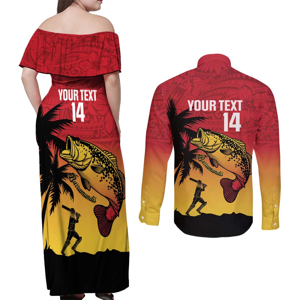 Custom Papua New Guinea Cricket Couples Matching Off Shoulder Maxi Dress and Long Sleeve Button Shirt PNG Barramundis - Polynesian Pride