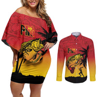 Custom Papua New Guinea Cricket Couples Matching Off Shoulder Short Dress and Long Sleeve Button Shirt PNG Barramundis - Polynesian Pride