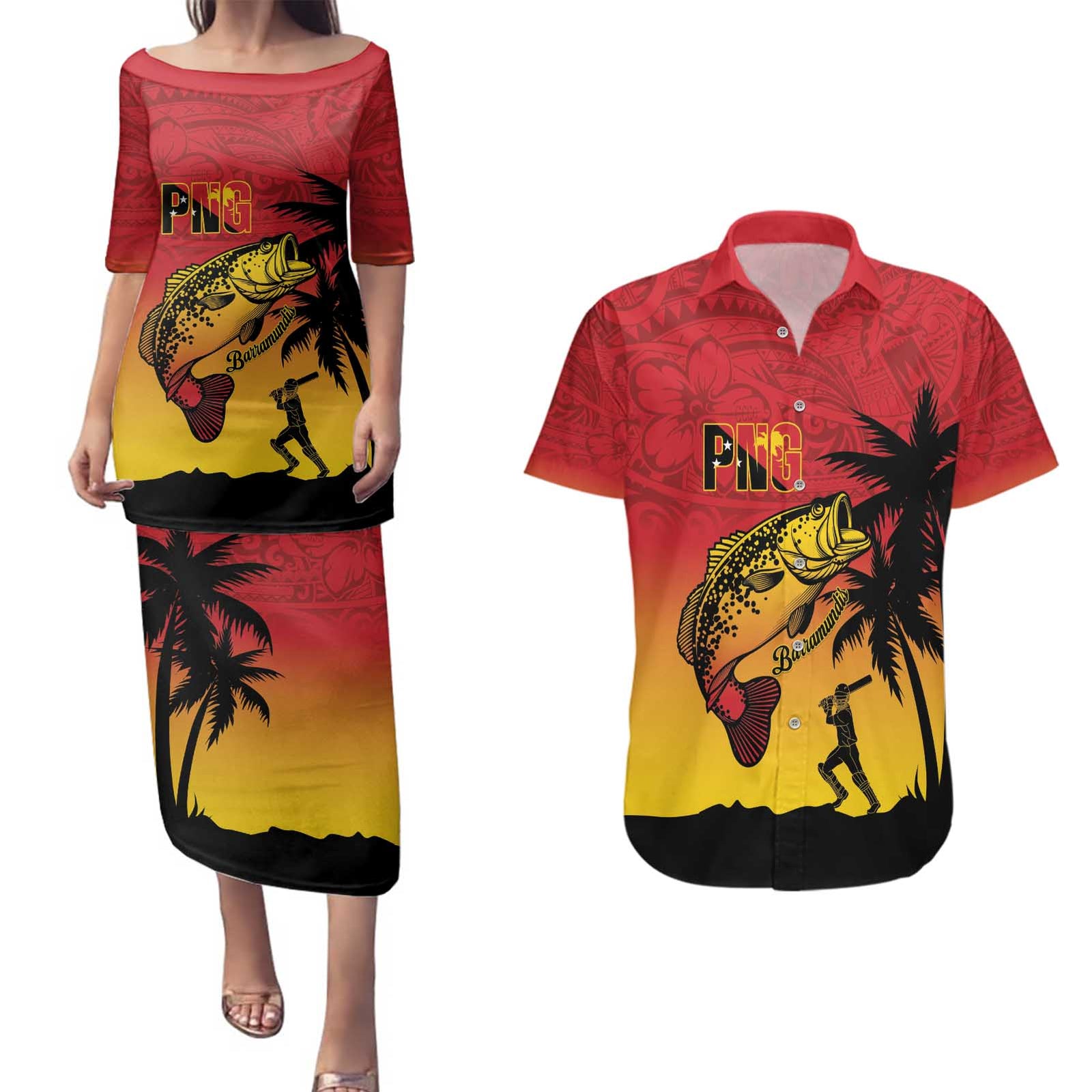 Custom Papua New Guinea Cricket Couples Matching Puletasi and Hawaiian Shirt PNG Barramundis LT14 Red - Polynesian Pride