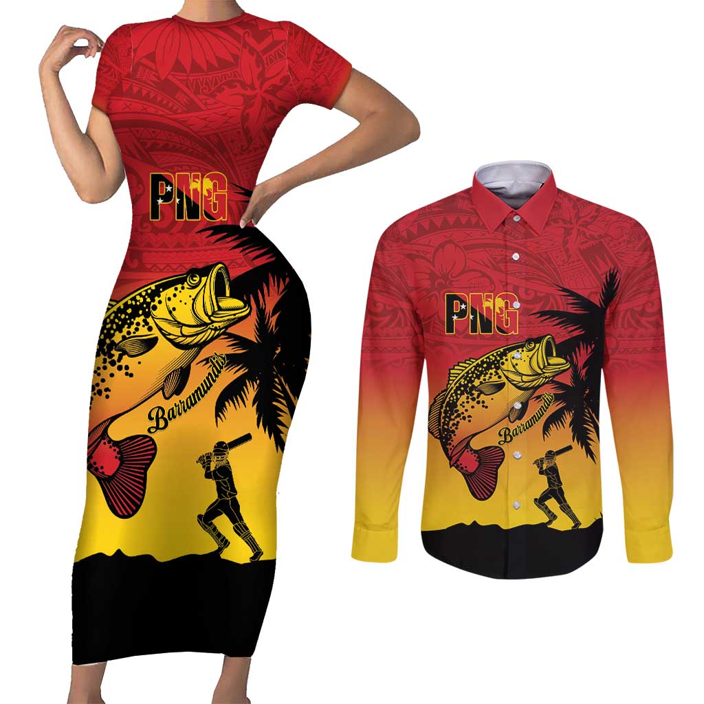 Custom Papua New Guinea Cricket Couples Matching Short Sleeve Bodycon Dress and Long Sleeve Button Shirt PNG Barramundis LT14 Red - Polynesian Pride