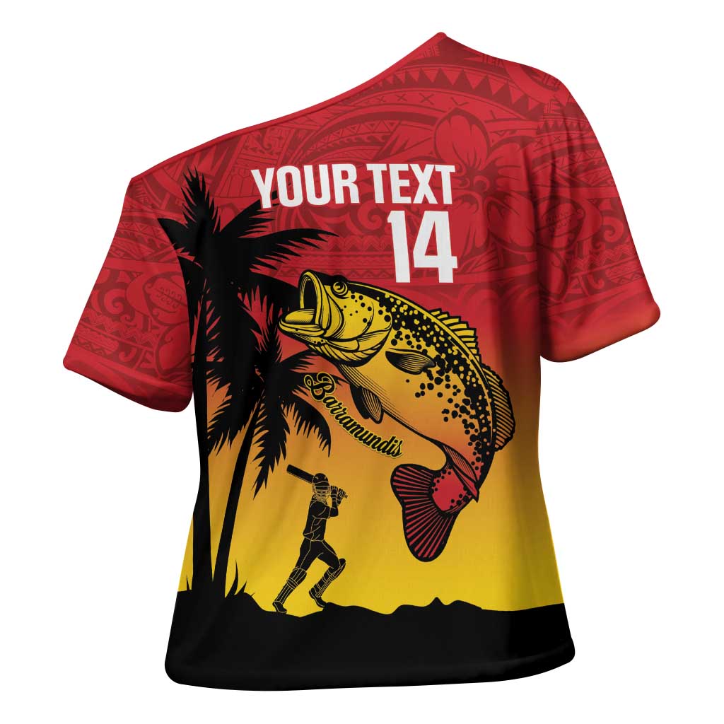 Custom Papua New Guinea Cricket Cross Shoulder Shirt PNG Barramundis - Polynesian Pride