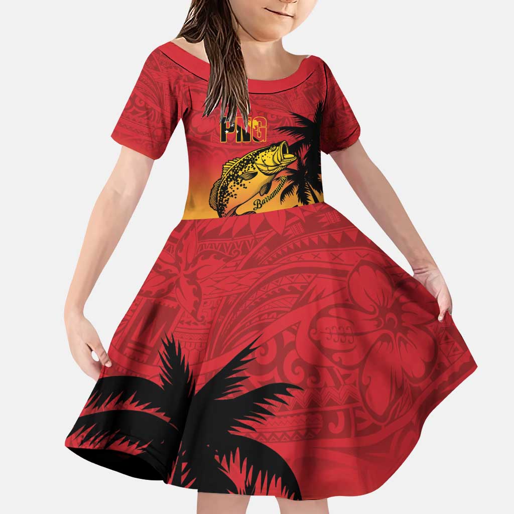 Custom Papua New Guinea Cricket Family Matching Puletasi and Hawaiian Shirt PNG Barramundis LT14 Daughter's Dress Red - Polynesian Pride