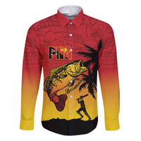 Custom Papua New Guinea Cricket Family Matching Puletasi and Hawaiian Shirt PNG Barramundis LT14 Dad's Shirt - Long Sleeve Red - Polynesian Pride