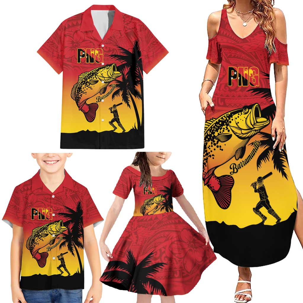 Custom Papua New Guinea Cricket Family Matching Summer Maxi Dress and Hawaiian Shirt PNG Barramundis - Polynesian Pride
