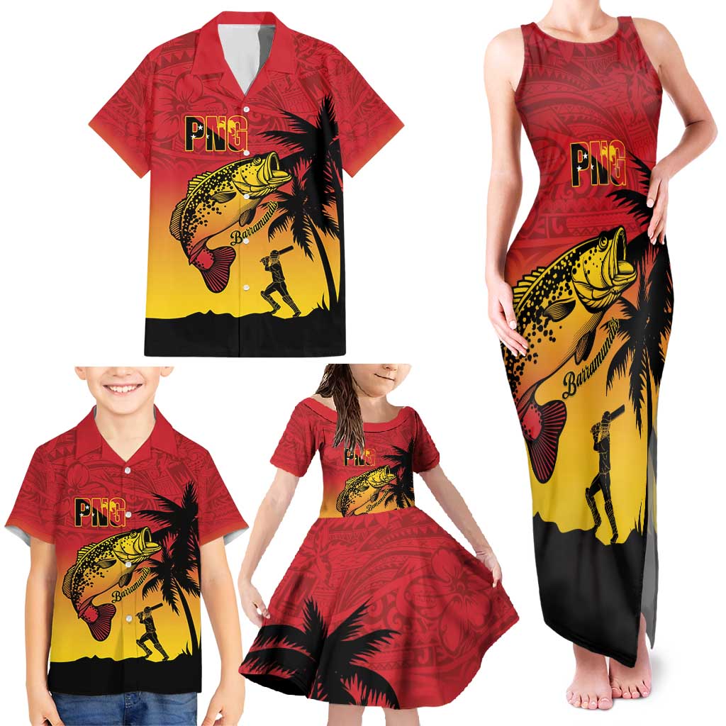 Custom Papua New Guinea Cricket Family Matching Tank Maxi Dress and Hawaiian Shirt PNG Barramundis - Polynesian Pride