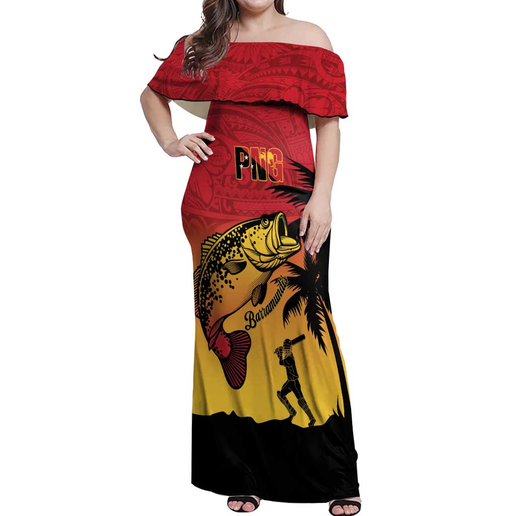 Custom Papua New Guinea Cricket Off Shoulder Maxi Dress PNG Barramundis - Polynesian Pride