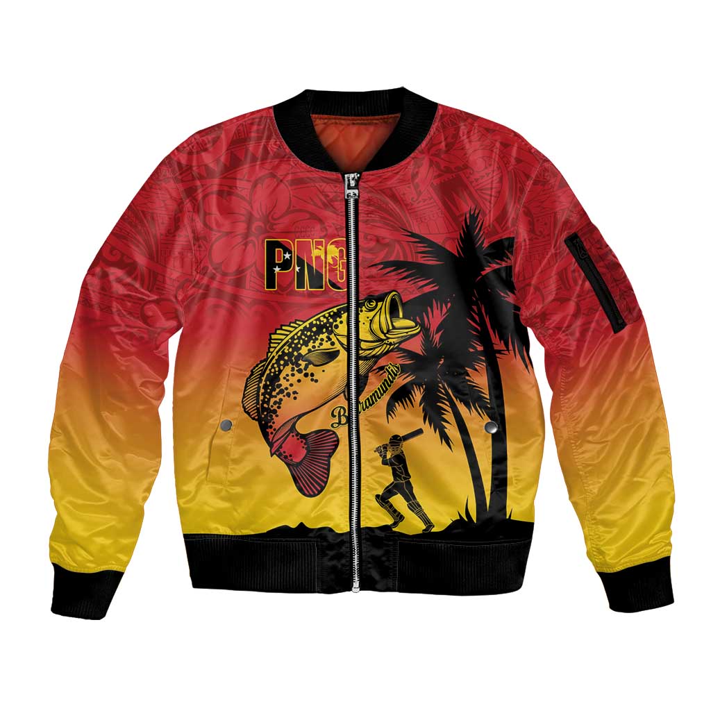 Custom Papua New Guinea Cricket Sleeve Zip Bomber Jacket PNG Barramundis - Polynesian Pride